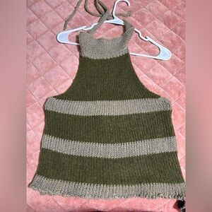 Striped Knit Halter Top - Green and Cream